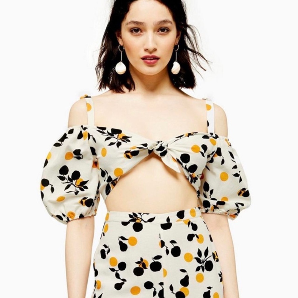 Topshop Cream Orange Print Tie Front Crop Top